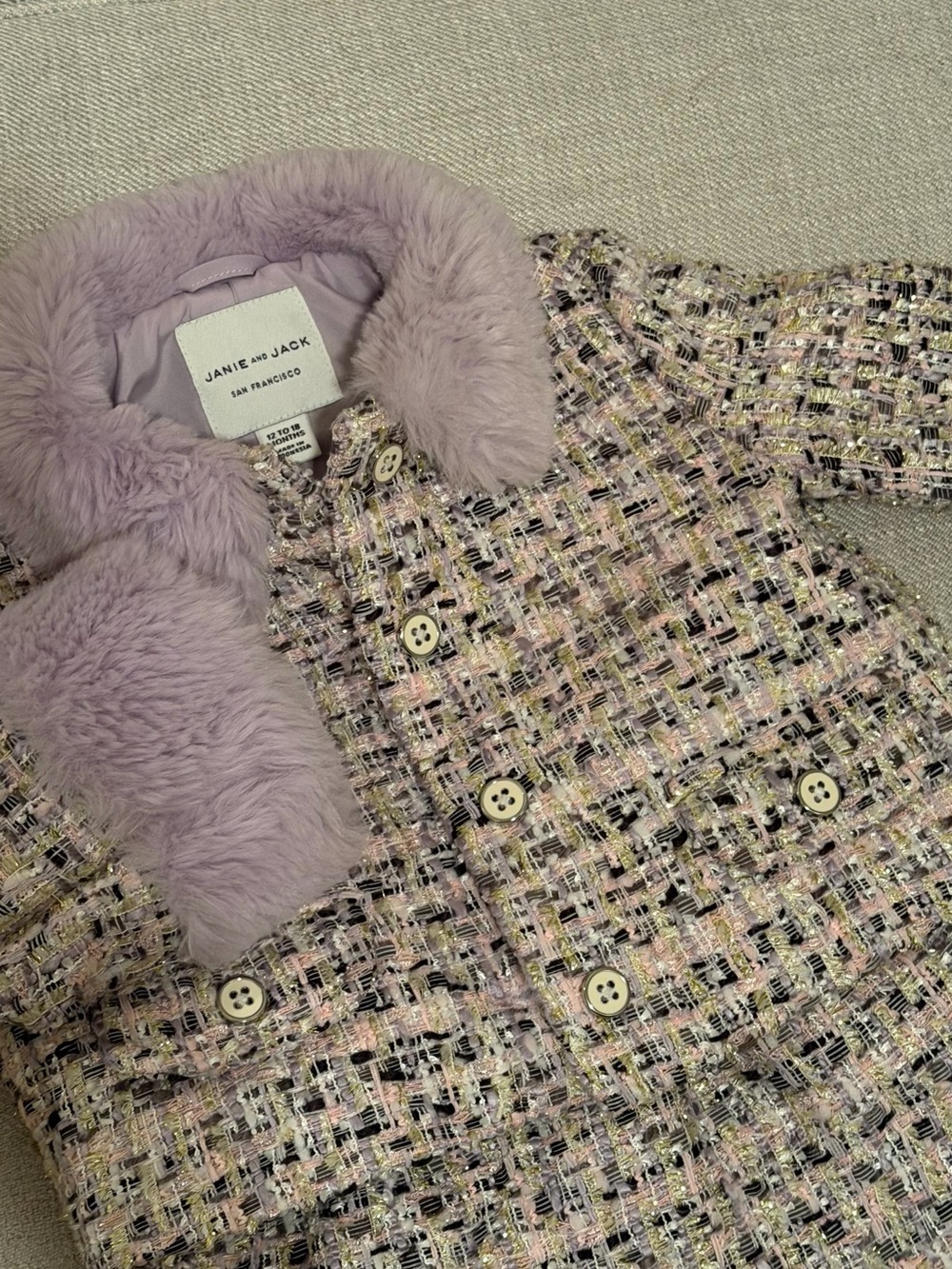 Janie and Jack Lavender Tweed Pea Coat with Faux Fur Collar